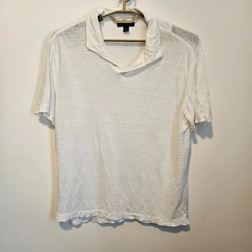 Banana Republic 100% Linen Short Sleeve Polo Shirt Large White Vacation Wedding